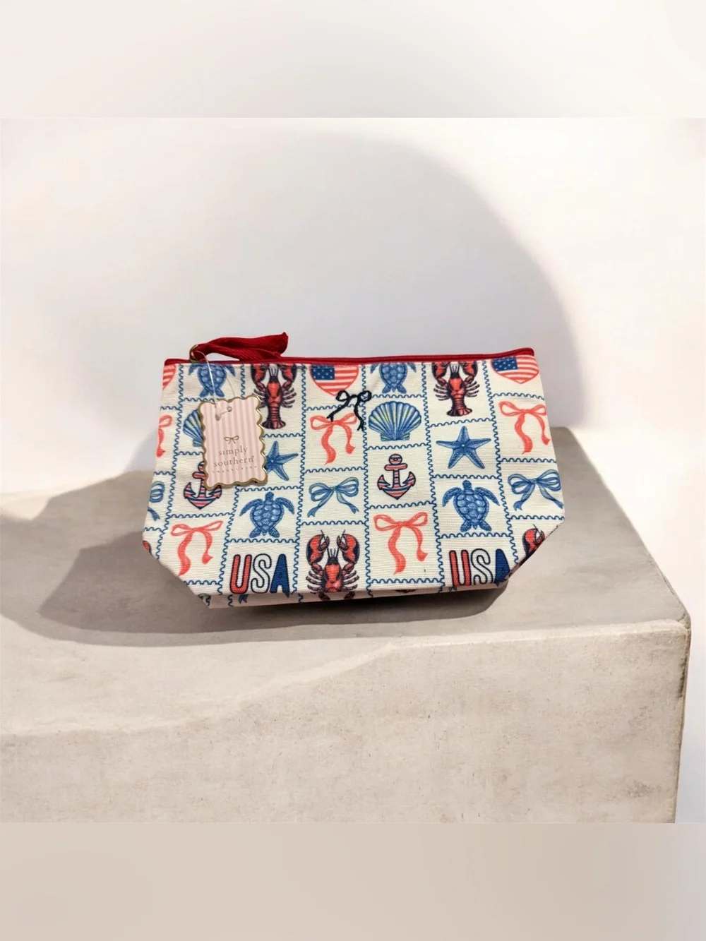 Simply Southern Patriotic Nautical Cosmetic Bag USA Lobster Coastal NWT